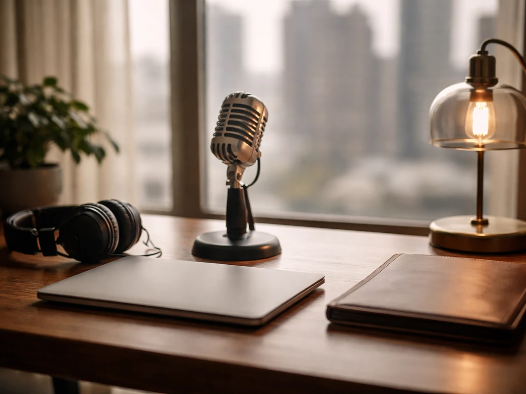 Minimal TV studio desk scene with microphone and headphones, warm window light, symbolic media and wealth vibe.