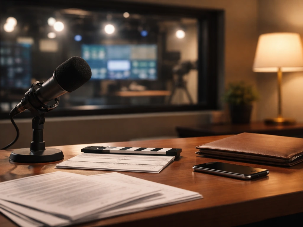 Minimal TV production office desk with broadcast microphone and studio lights, no people visible.