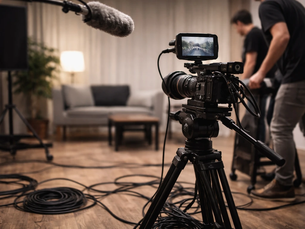 Reality TV production crew setting up cameras on a dim studio set