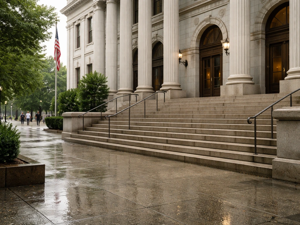 Courthouse exterior in Fulton County, Georgia with a flag and wet pavement, representing a legal filing.