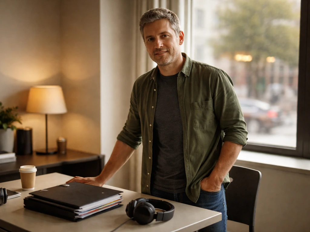 Anonymous film producer in a quiet production office with binders and a studio headset by a window.