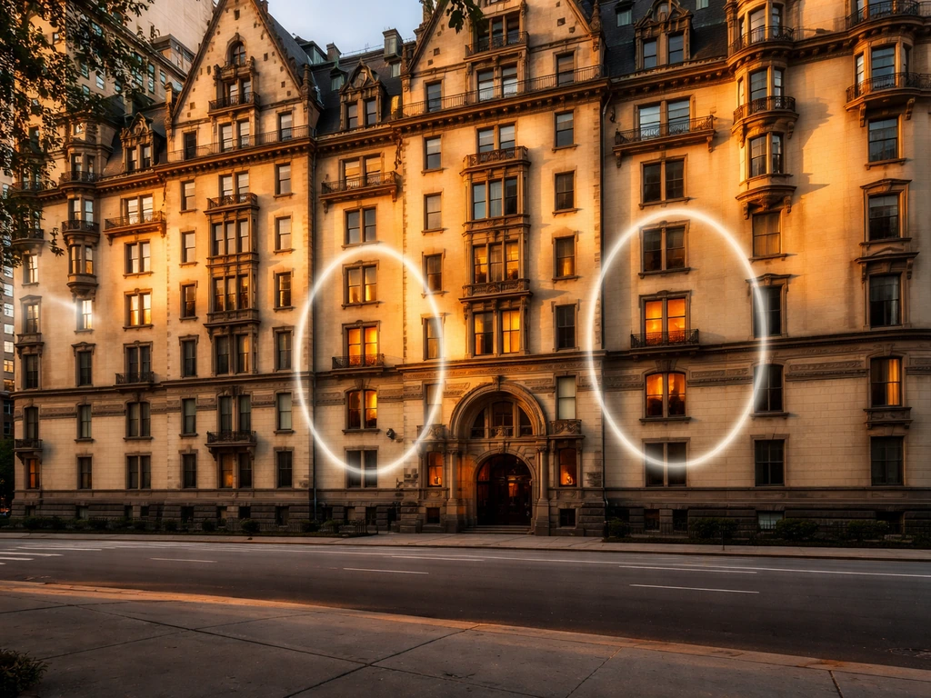 The Dakota apartment building exterior in Manhattan, with two adjacent windows subtly framed by light.