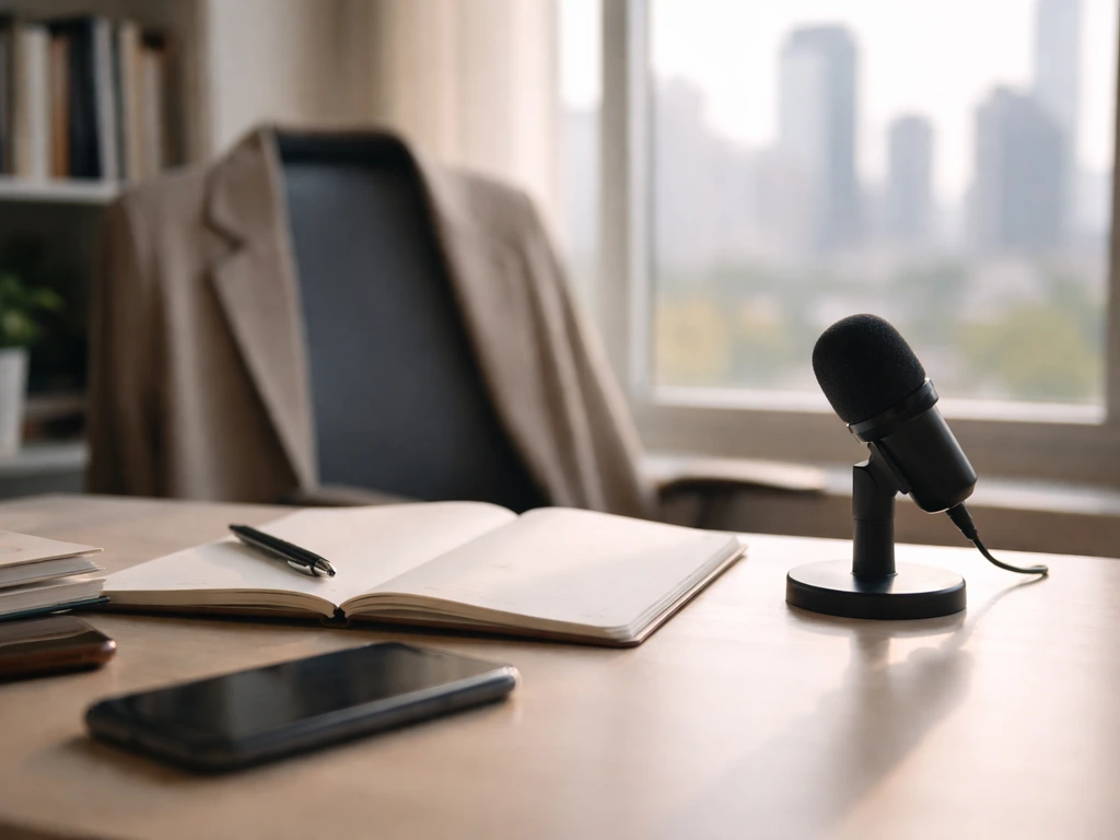 Minimal office desk with open notebook, phone, and microphone under warm natural light, symbolizing media identity.