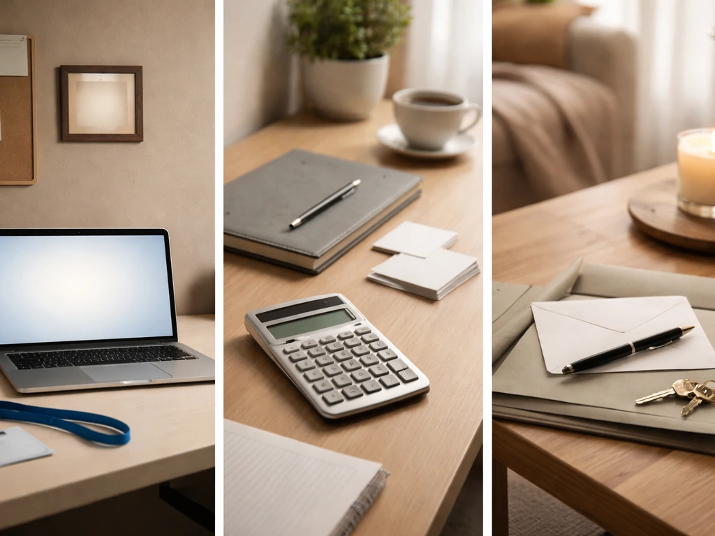 Three-part split showing school office desk, consulting supplies, and home ledger concept with no text.