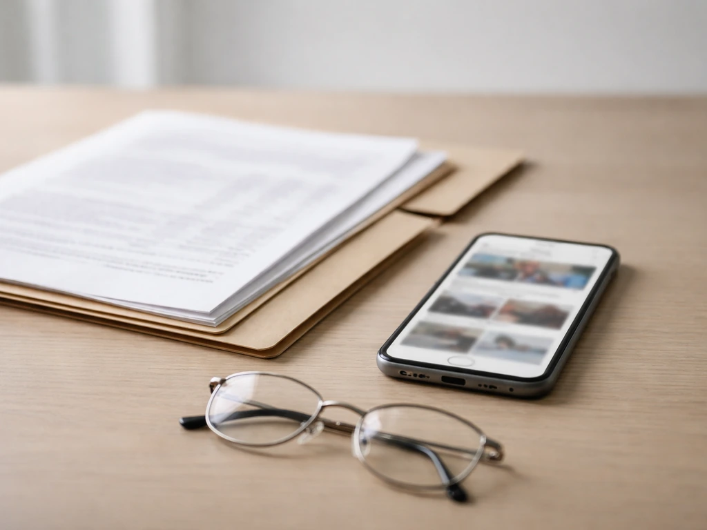 Minimal office scene with a financial document and a smartphone showing blurred, uncropped media app screens.