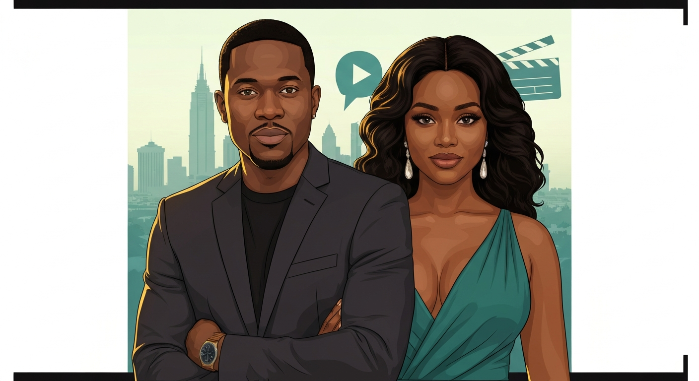 Stylized magazine-style illustration of Banky W and Adesua Etomi-Wellington standing together against a muted Lagos skyline, conveying their public-profile partnership.