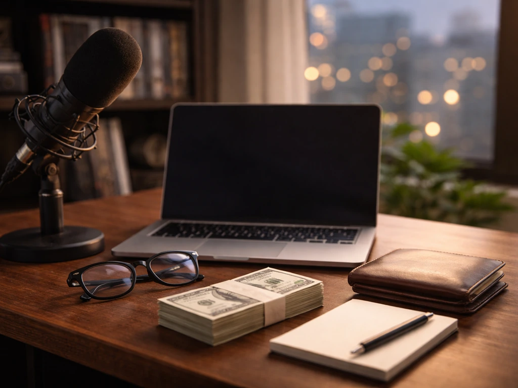 Minimal studio desk with microphone, laptop, and cash suggesting net worth estimation and income sources.
