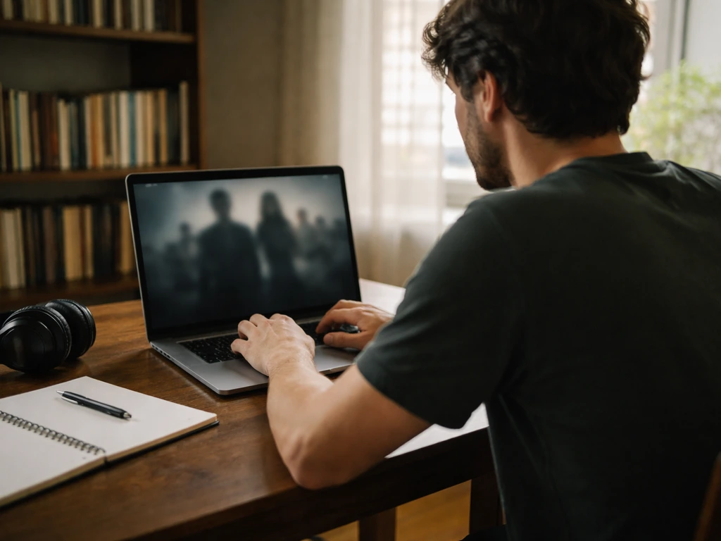 Anonymous TV screenwriter working at a desk with a laptop showing a blurred streaming series.