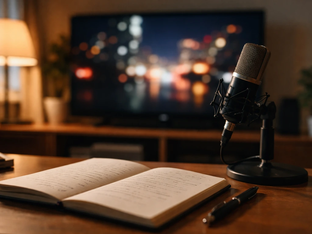 Minimal photo of a TV screen with a writer’s notebook and a microphone on a desk, symbolizing screenwriting income.