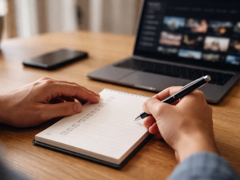 Close-up of a notebook checklist and a laptop showing an IMDb Pro-style credits page, focused on updates.