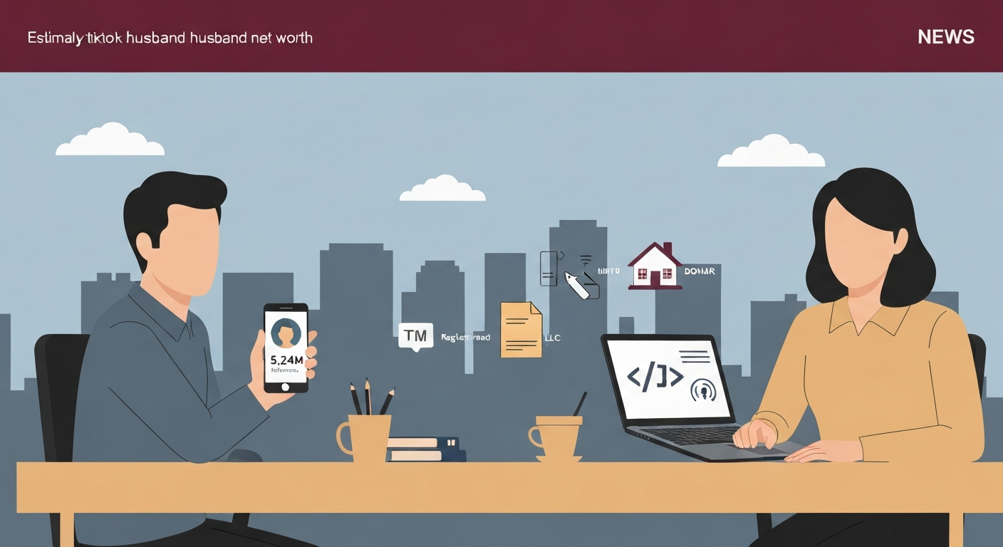 Stylized illustration of an anonymized couple at a desk with a phone showing 5.24M followers, a laptop with code and an RFID icon, and background icons for trademark, LLC, donor plaque, and a house — visualizing a creator household's net-worth components.