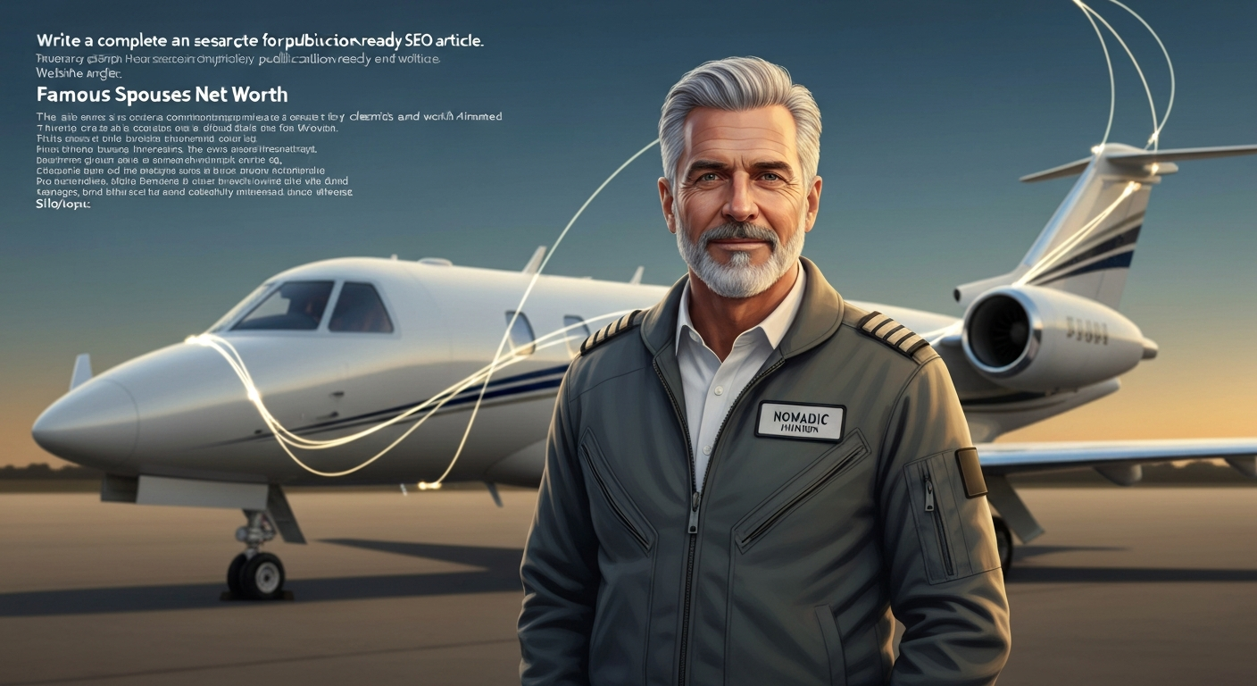 Stylized editorial illustration of an aviation entrepreneur (Captain Bob Nomadic) standing beside a business jet with a world map behind him.