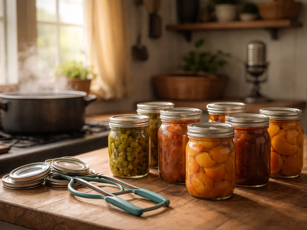 Rustic homestead kitchen with canning jars and tools on a wooden counter in warm natural light