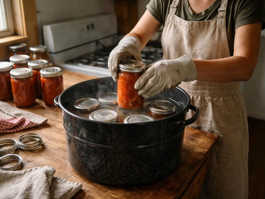 Woman carefully loading filled canning jars into a water-bath canner on a homestead kitchen table.