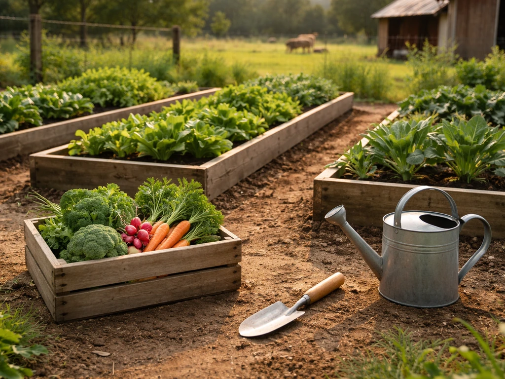 Sunlit garden beds with fresh harvested vegetables and a wooden crate, suggesting active homestead work.