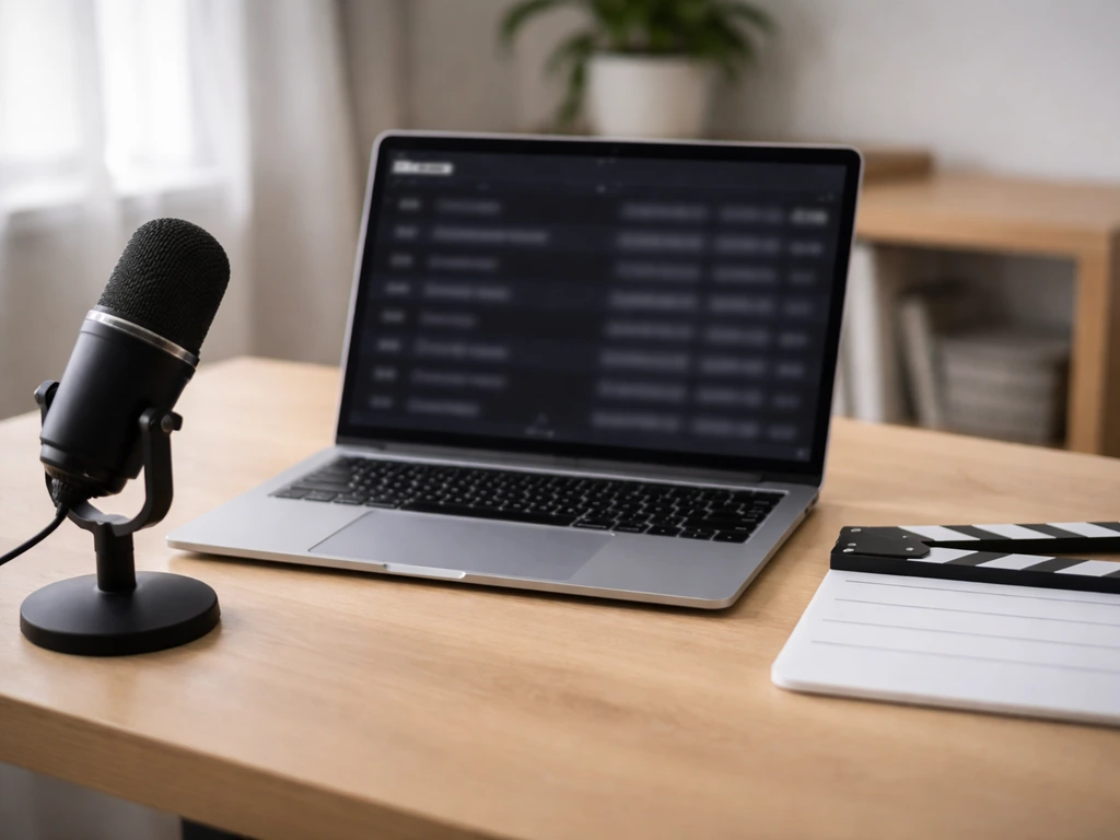 Minimal desk with open laptop and microphone, suggesting an actor’s credited presence without readable text.