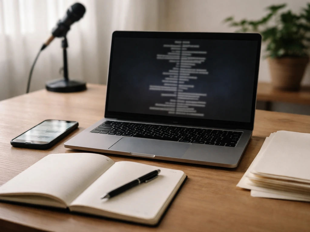 Minimal desk scene with a notebook and smartphone showing generic entertainment and finance research symbols