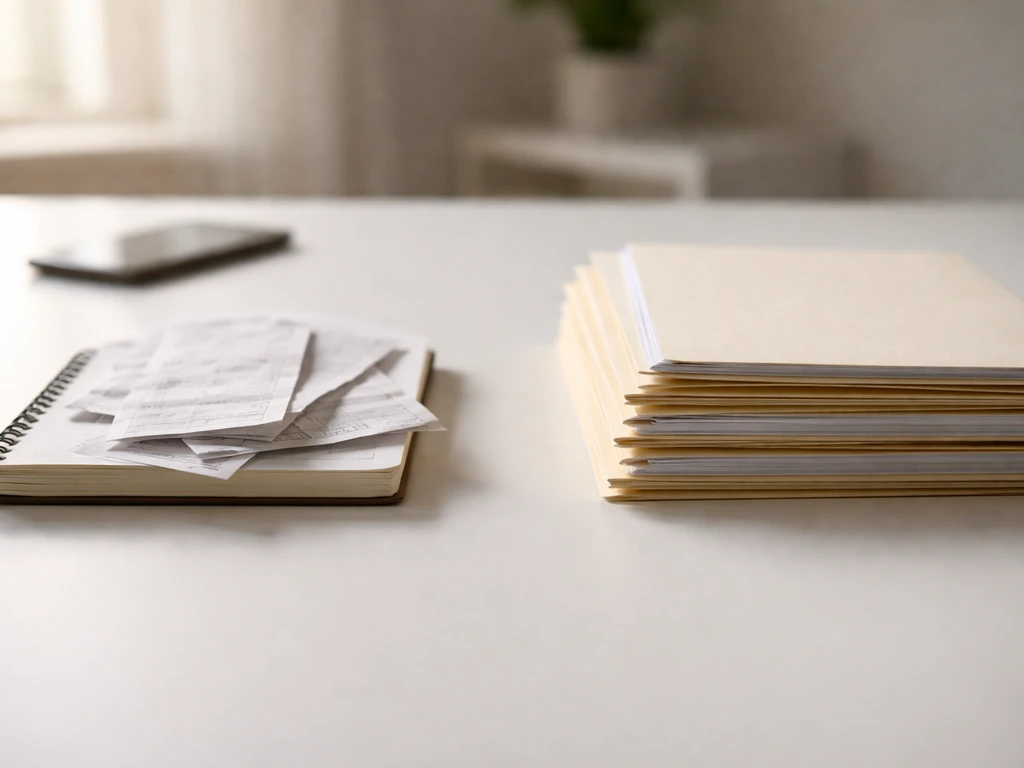 Open notebook and official-looking folders beside a blurred smartphone, symbolizing unreliable vs verifiable sourcing.