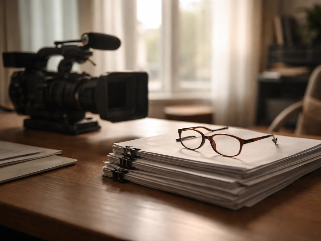 Minimal media production desk scene with a video camera and scripts, symbolizing film industry work.