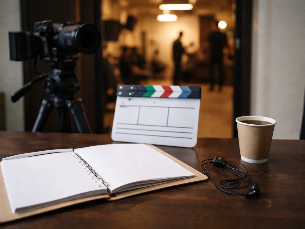 On-set studio workspace with an unbranded camera, production items, and blurred production lights in background.