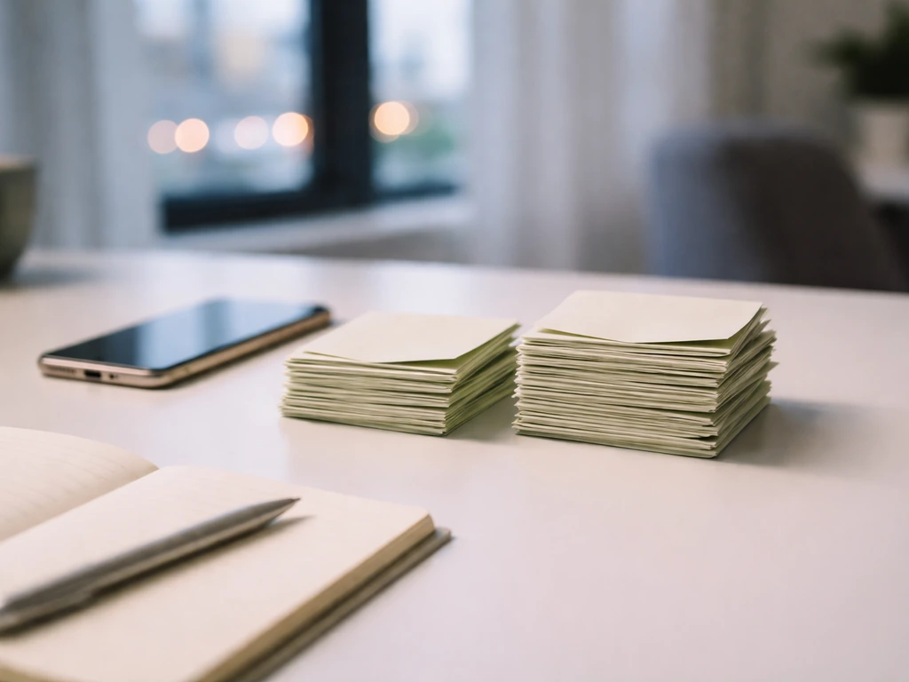 Minimal office scene with two separate stacks of cash-colored envelopes, hinting at differing net worth sources