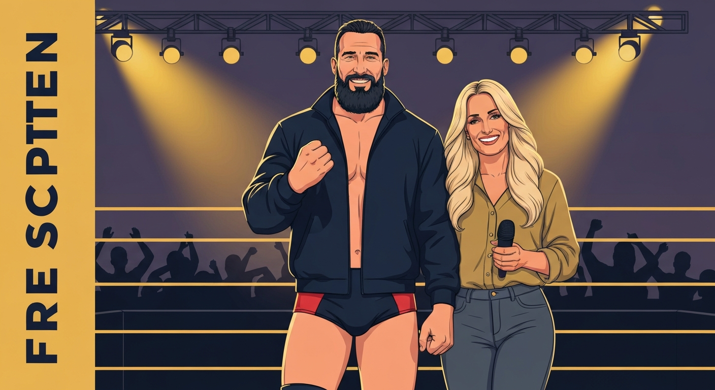 Stylized magazine-style illustration of a pro-wrestling couple in front of a ring, editorial lighting, space for headline.