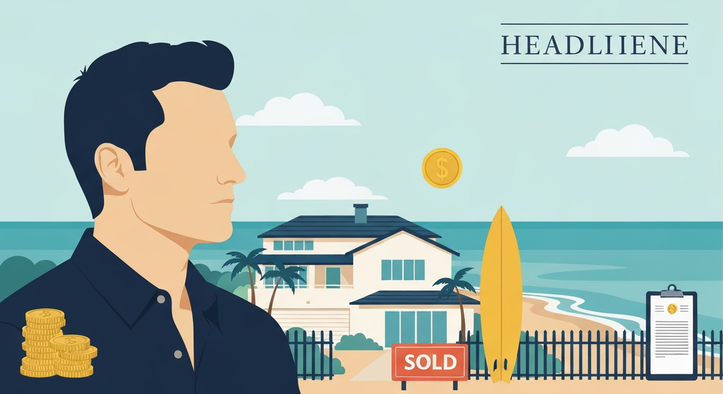 Editorial illustration: silhouette of a male real-estate personality with a Laguna Beach house, surfboard, and financial icons (coins, dollar sign) in the background.