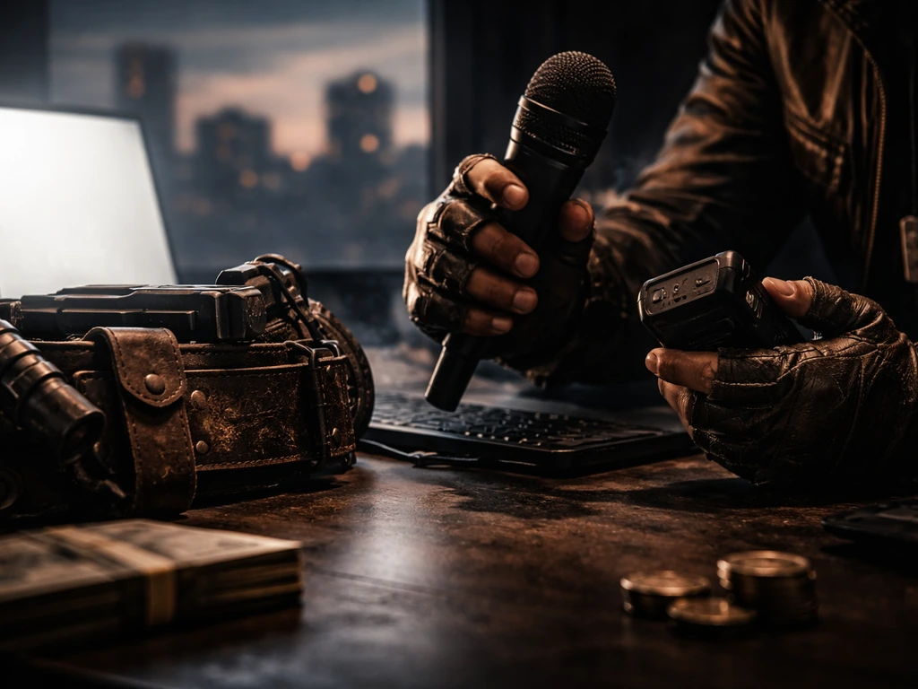 Rugged bounty-hunting gear and microphone on a desk with dusk city glow, cinematic minimal banner vibe.