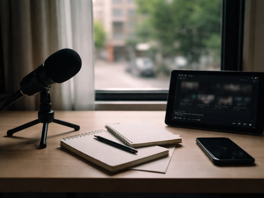 Home studio desk with microphone and blank media devices, symbolizing an online persona behind identity.