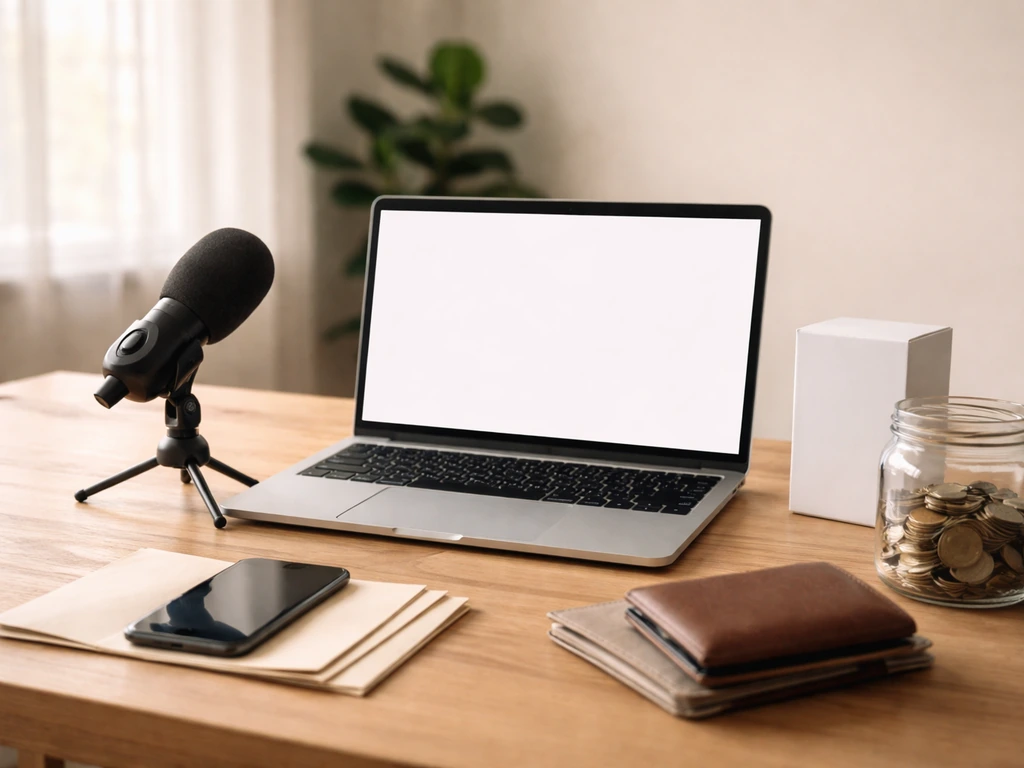 Minimal creator work desk with laptop, microphone, and money-related items suggesting multiple income sources.
