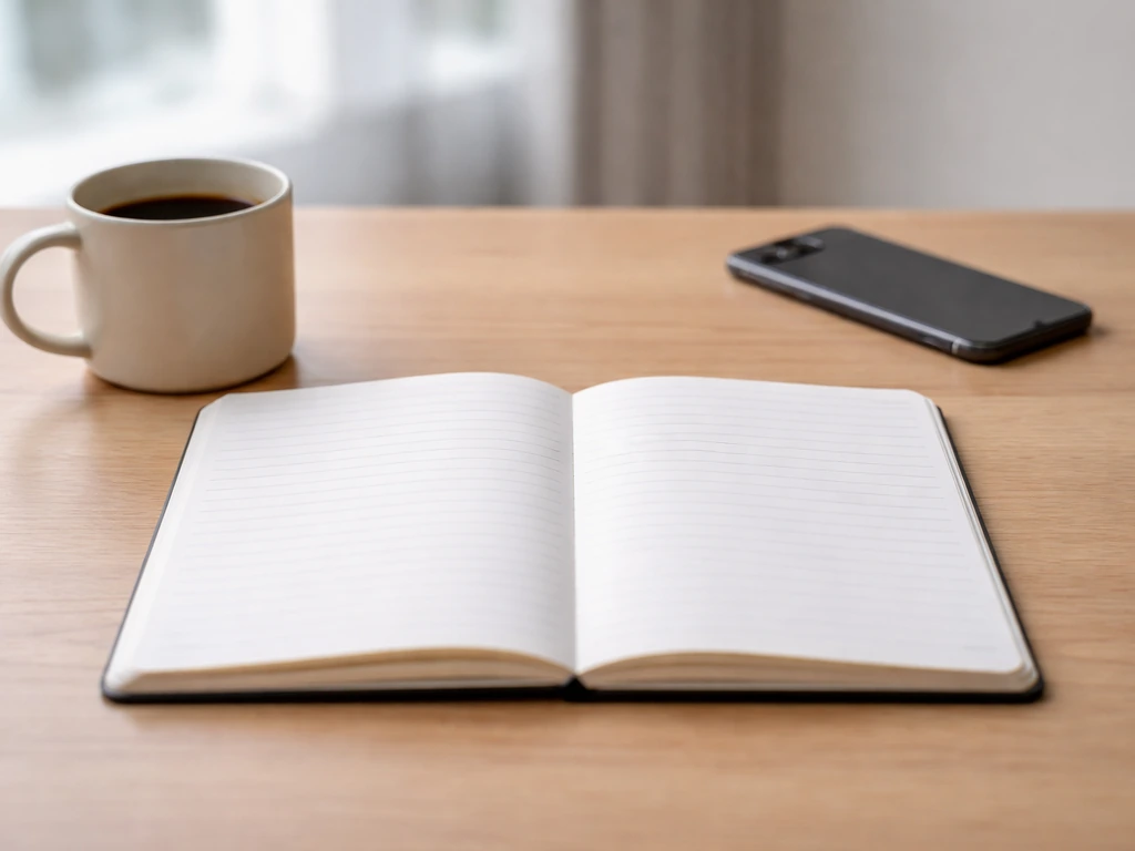 Minimal desk scene with an open notebook and two blank pages implying verified versus estimated claims.