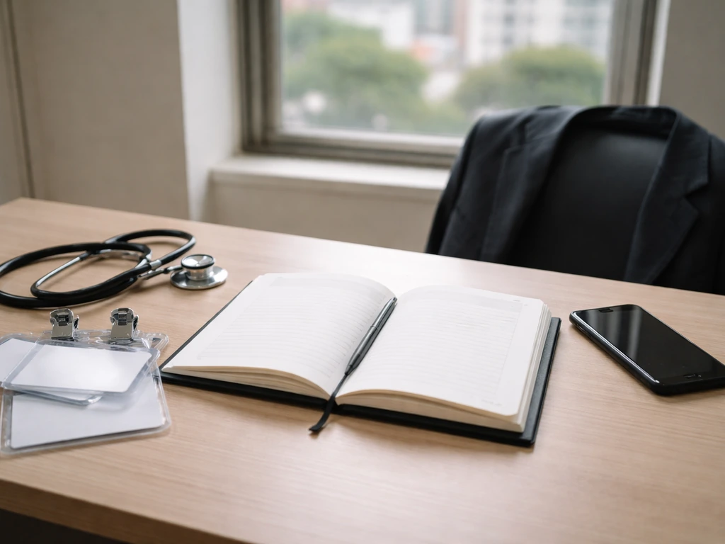 Minimal medical office desk with stethoscope and blank credential materials, symbolizing a physician’s public profile.