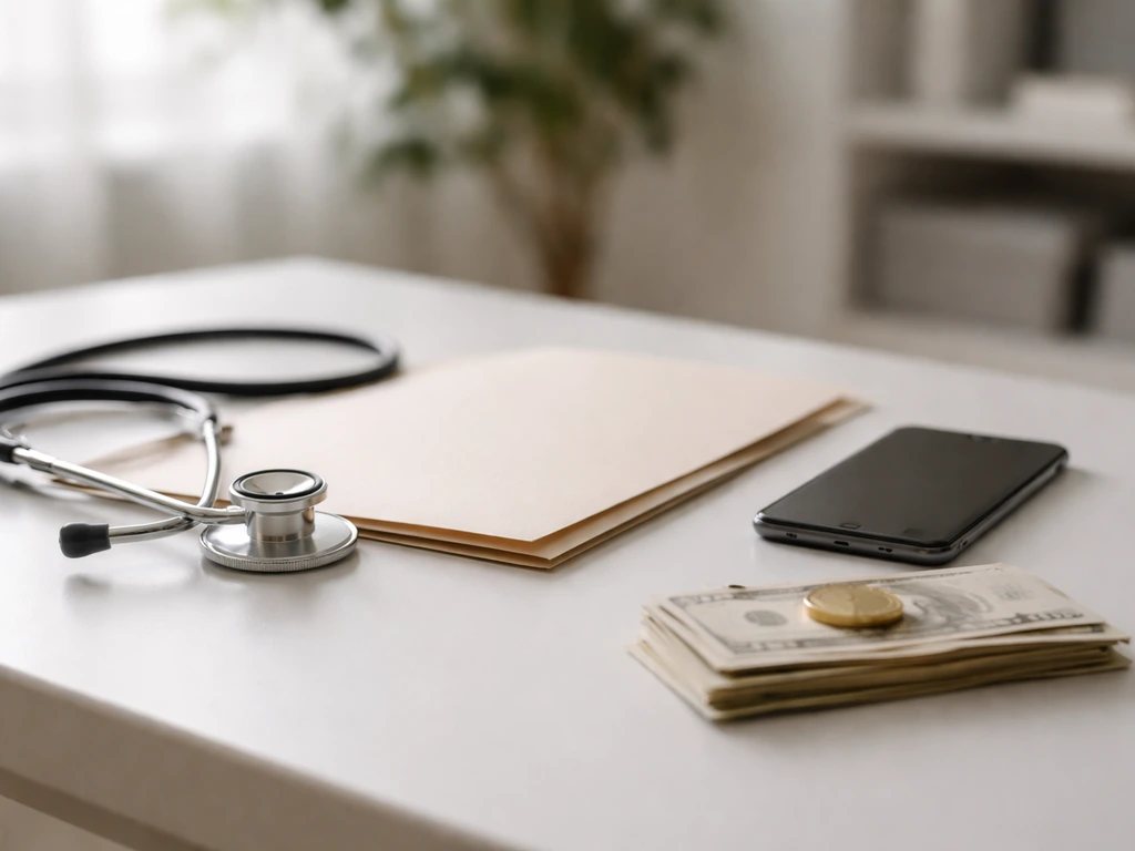 Minimal photo of a quiet desk with a stethoscope and cash-like symbols suggesting income analysis.