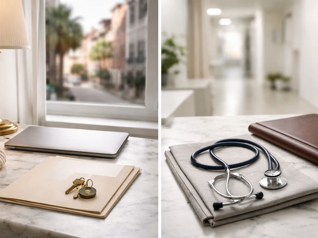 Minimal split side-by-side desk scene with real-estate items on one side and medical tools on the other.