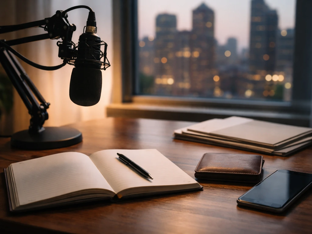 Minimal home-office desk with wallet, notebook, documents, studio microphone, and blurred city view at dusk