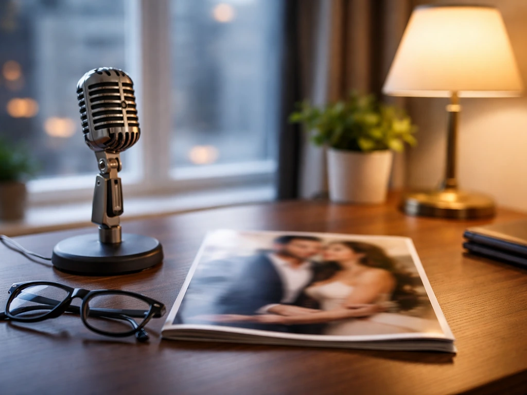 Empty media office desk with an unbranded microphone and blurred magazine, symbolizing public-profile lifestyle.