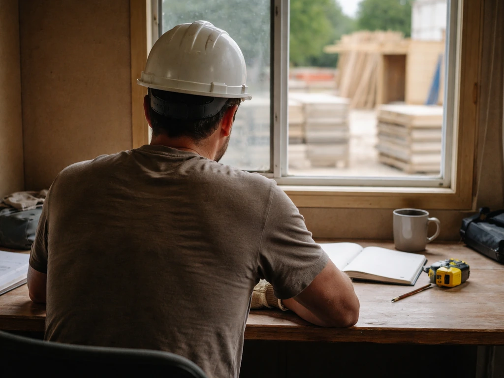 Back view of a trades worker at a simple job-site desk with tools and building materials outside.