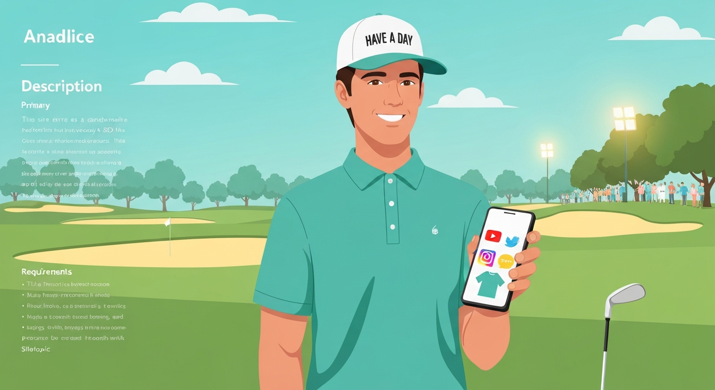 Illustration of a golf content creator wearing a 'Have A Day' cap on a driving range, holding a smartphone with social icons and a small apparel tag, evoking media and merchandise income.